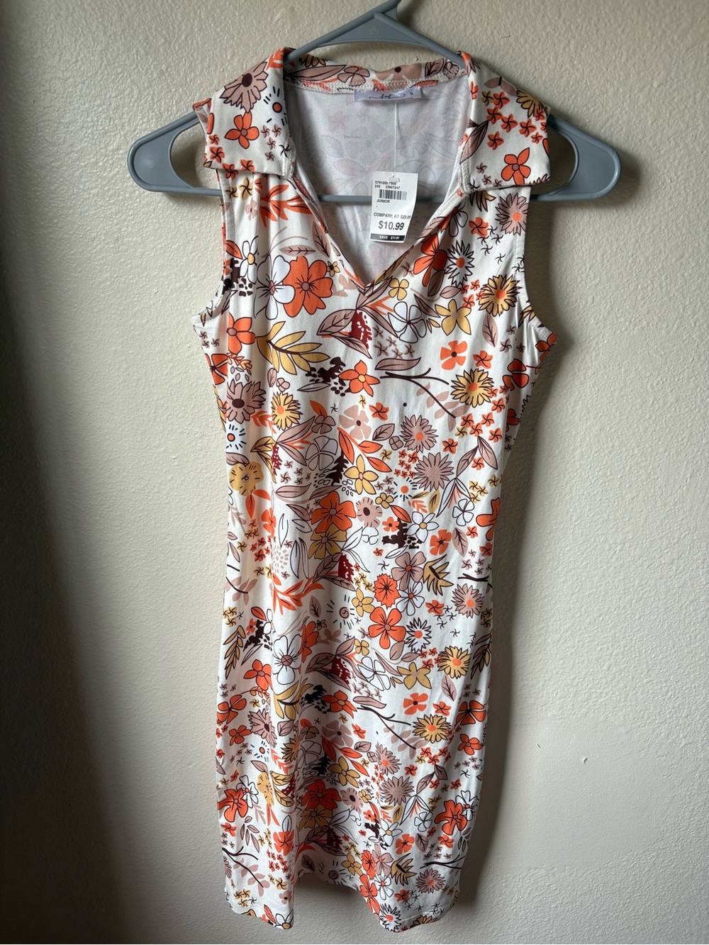 Floral Collared Sleeveless Dress - White with Orange & Yellow Flowers